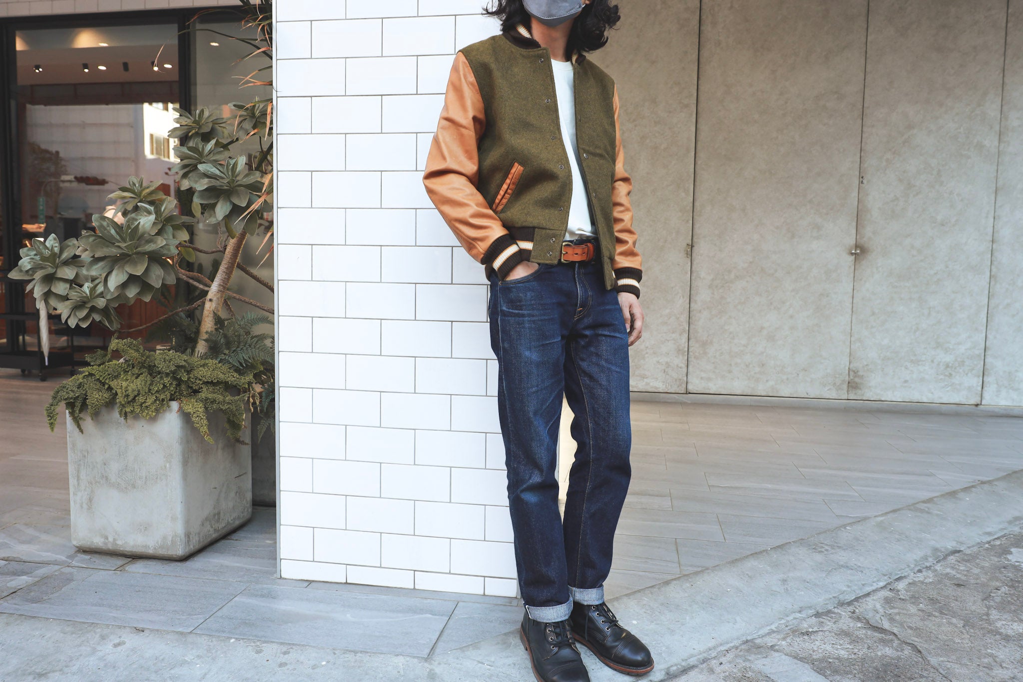 Dehen 1920 Varsity Jacket - Olive Mix / Rust, Leather Jackets